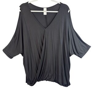 Now N Forever 3X Black Surplice Wrap Top Cold Shoulder Elastic Hem NWT‎ Plus